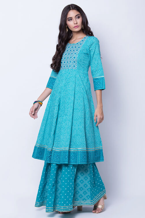 Turquoise Cotton Kalidar Kurta image number 4