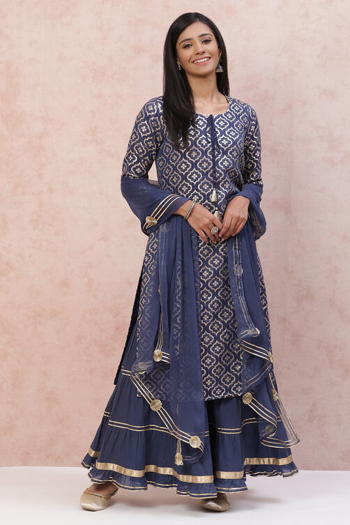 Blue Poly Cotton Straight Suit Set image number 0