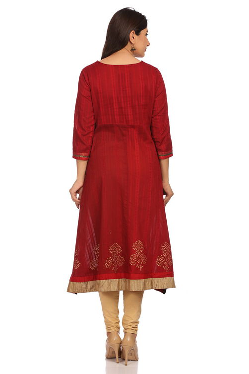 Red A-Line Cotton Kurta image number 3