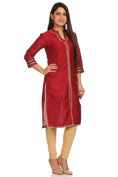 Maroon Straight Art Silk Kurta image number 1