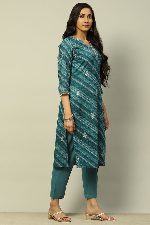 Teal Blue Cotton Straight Printed Kurta Pants Suit Set image number 5