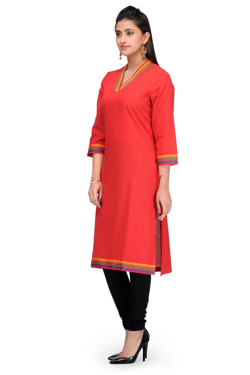 Red Cotton Straight Kurta image number 2