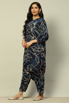 Navy Blue Rayon Straight Printed Kurta Palazzo Suit Set image number 3