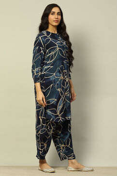 Navy Blue Rayon Straight Printed Kurta Palazzo Suit Set image number 5