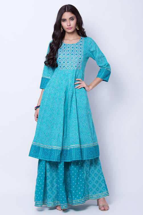 Turquoise Cotton Kalidar Kurta image number 0
