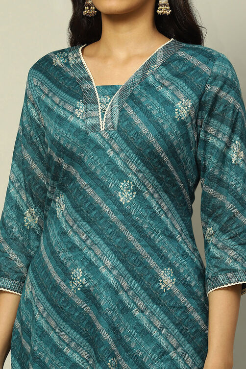 Teal Blue Cotton Straight Printed Kurta Pants Suit Set image number 1