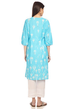 Blue Flared Cotton Kurta image number 4