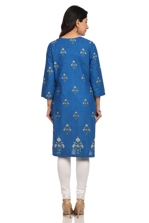 Teal Blue Straight Cambric Cotton Kurta image number 4