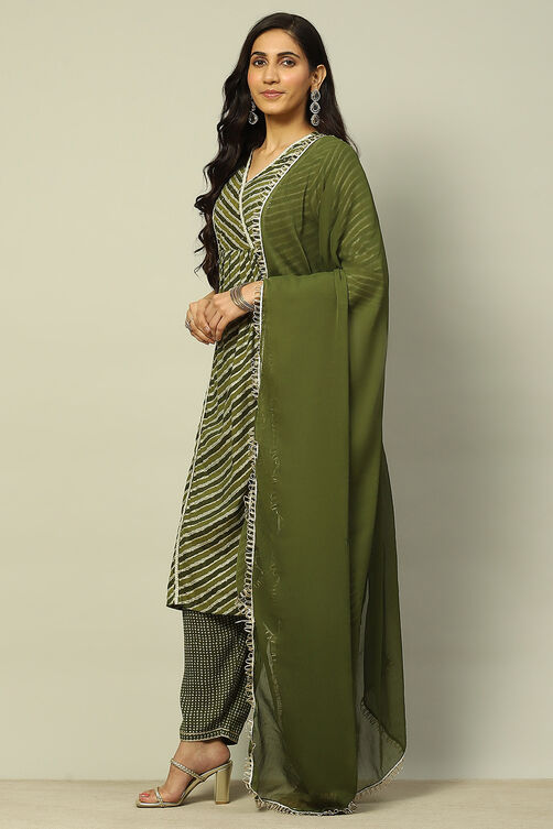 Olive Green Viscose Blend A-Line Printed Kurta Palazzo Suit Set image number 3