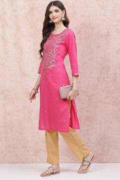 Pink Cotton Straight Kurta image number 5