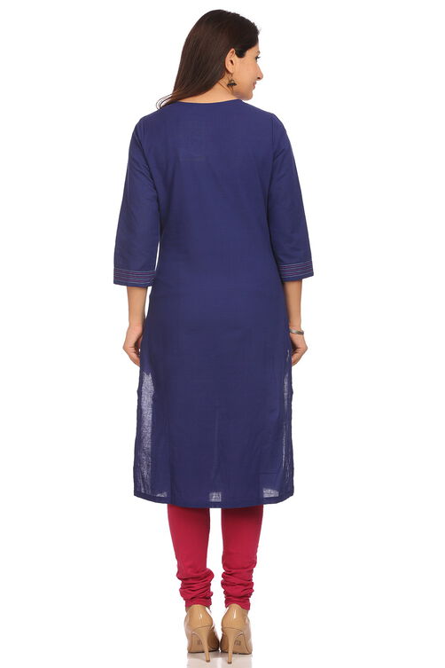 Blue Cotton Straight Kurta image number 3