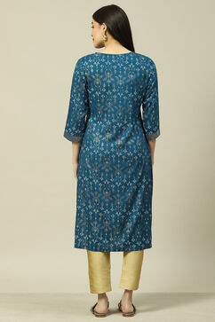 Teal Blue LIVA Straight Kurta image number 4