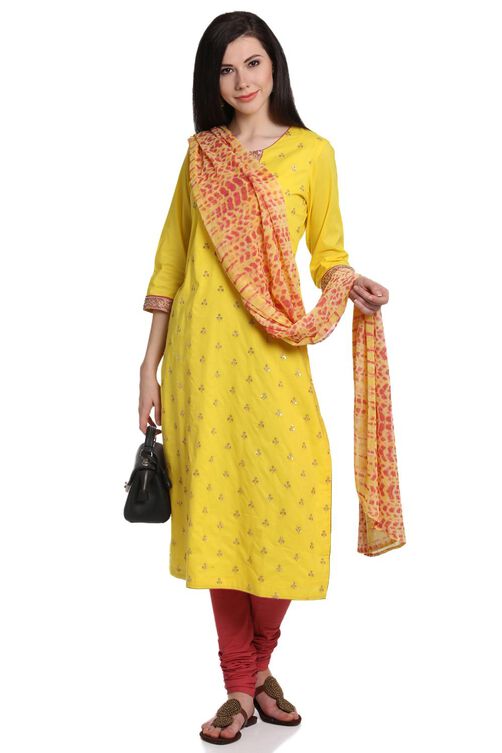 Yellow Cotton Straight Suit Set image number 0