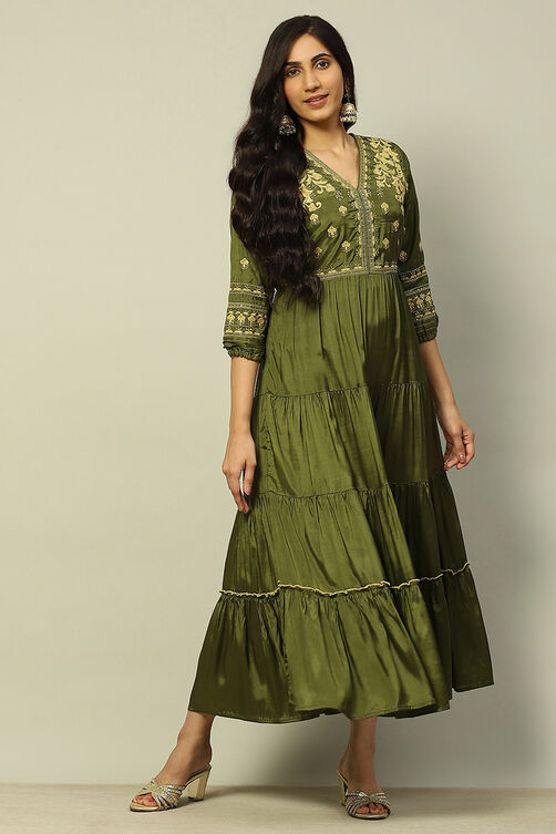 Green Viscose Shantoon Tiered Dress image number 0