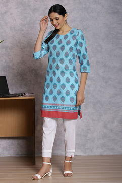 Sky Blue Cotton And Cambric Straight Kurta image number 2