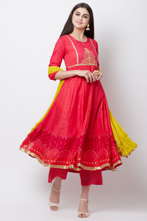 Pink Cotton Kalidar Kurta image number 4