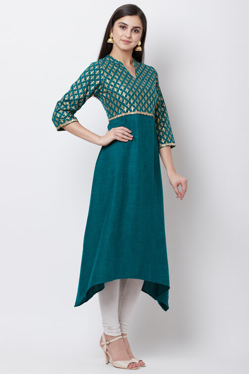 Green Poly Cotton A Line Kurta image number 3