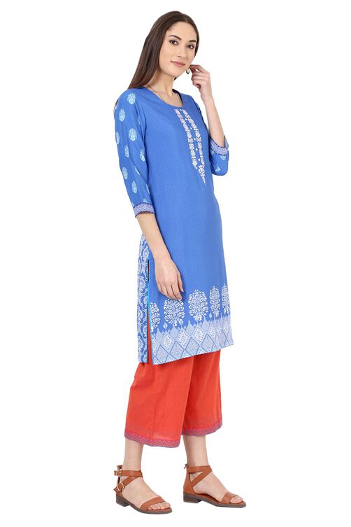 Indigo Straight Cotton Kurta image number 3