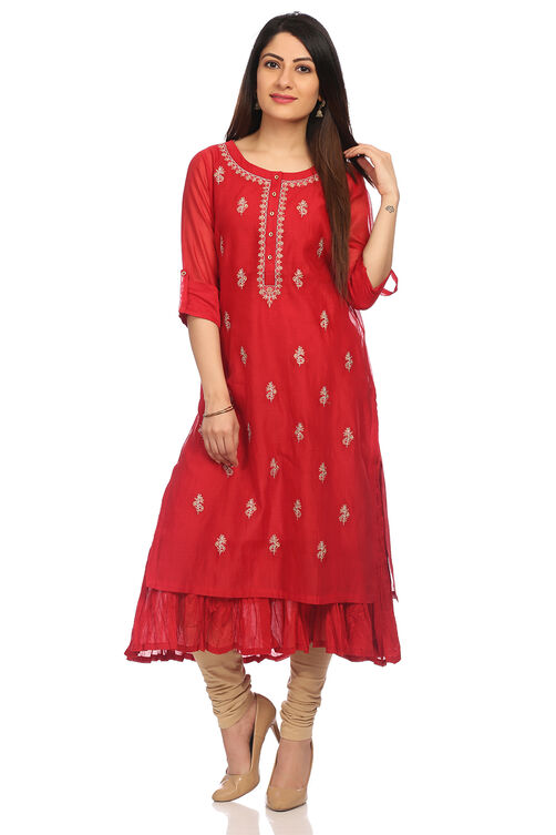 Red Straight Poly Cotton Kurta image number 0