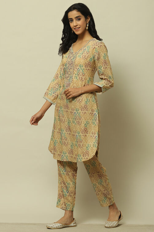 Beige Viscose Blend Printed Straight Co-ord Set image number 3