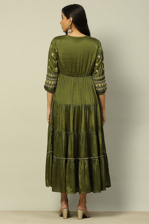 Green Viscose Shantoon Tiered Dress image number 3