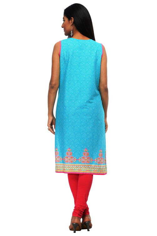 Turquoise Cotton Straight Kurta image number 3