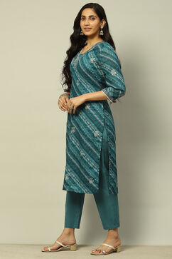 Teal Blue Cotton Straight Printed Kurta Pants Suit Set image number 3