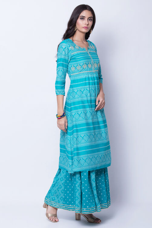 Turquoise Cotton Flared Kurta image number 3