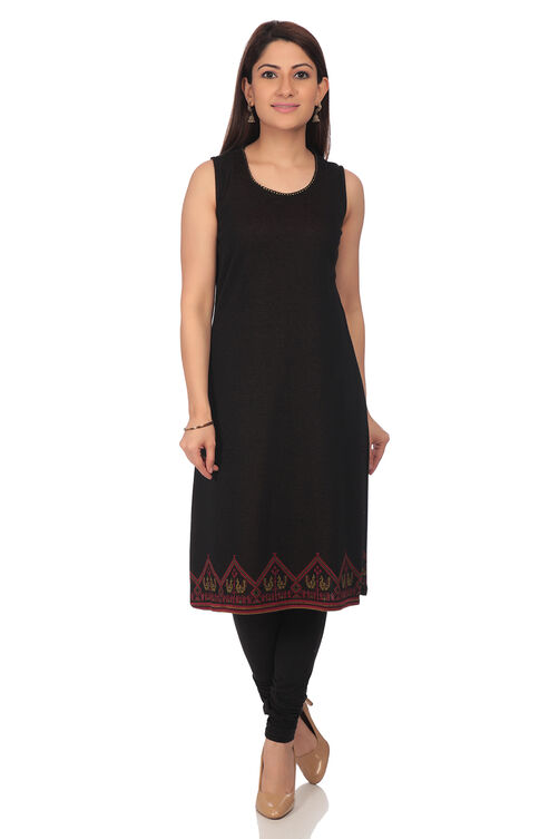 Black Front Open Poly Cotton Kurta image number 4