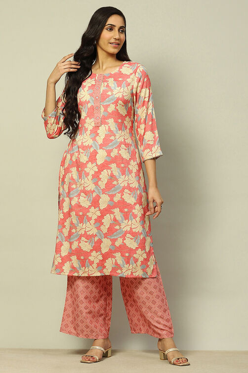 Coral Viscose Blend Straight Printed Kurta Palazzo Suit Set image number 6