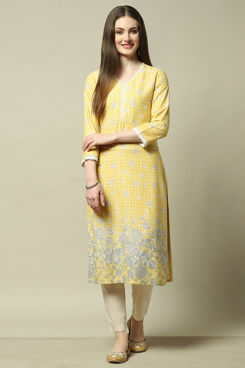 Yellow Floral Printed Straight Kurta image number 5