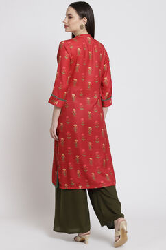 Red Poly Cotton Straight Kurta image number 4