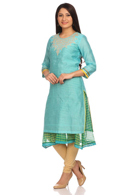 Turquoise Cotton Straight Kurta image number 2