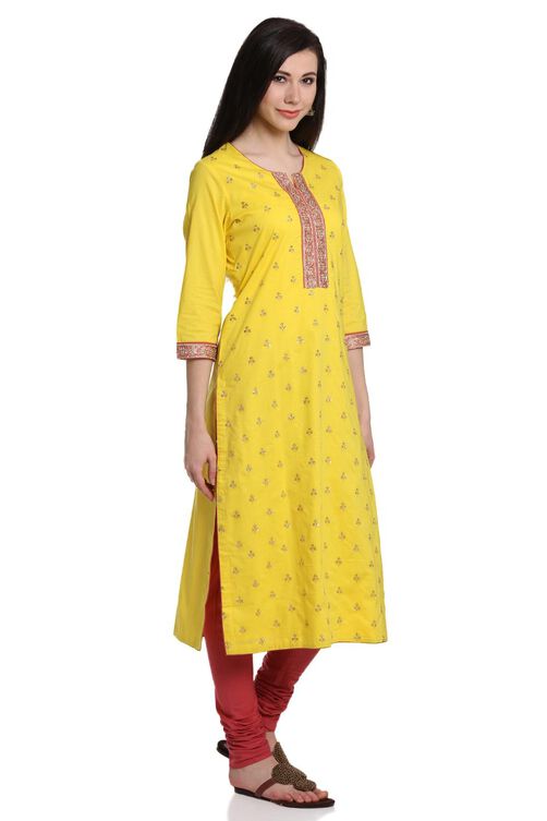 Yellow Cotton Straight Suit Set image number 3