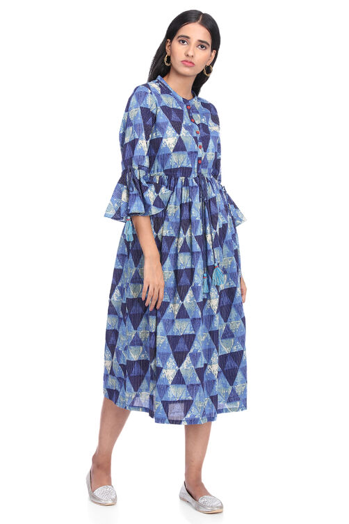 Blue Flared Cambric Cotton Dress image number 2