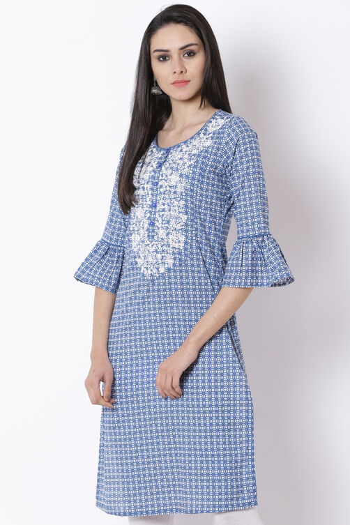 Blue Cotton Straight Kurta image number 3