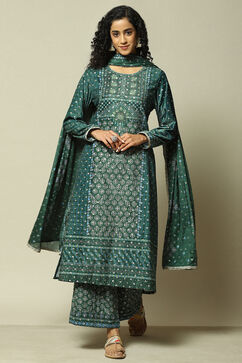 Green Polyester Straight Printed Kurta Palazzo Suit Set image number 7