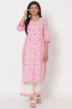 Pink Cotton Straight Kurta image number 2