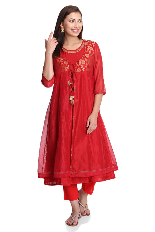 Red Kalidar Poly Cotton Kurta image number 4