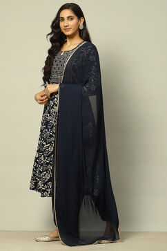 Indigo Rayon Gathered Printed Kurta Pants Suit Set image number 3