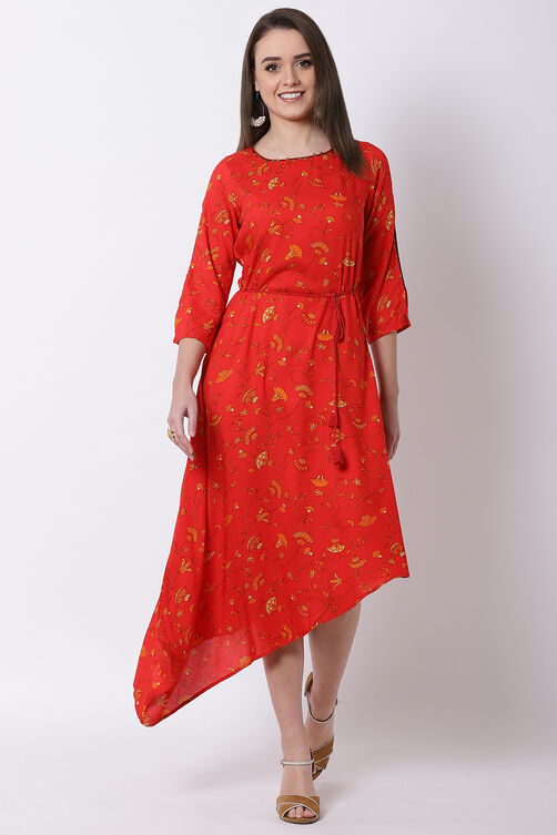 Red Viscose Rayon A Line Dress image number 0