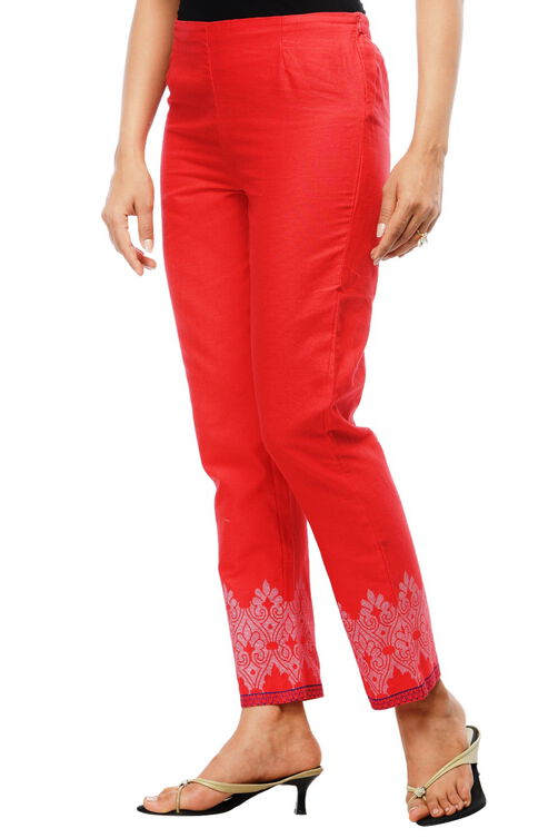 Red Cotton Straight Pants image number 2