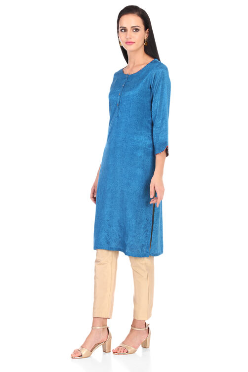 Teal Blue A Line Viscose Dress image number 3