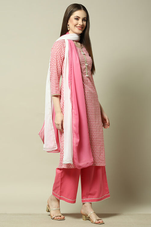 Pink Cotton Blend Printed Kurta & Palazzo Suit Set image number 6