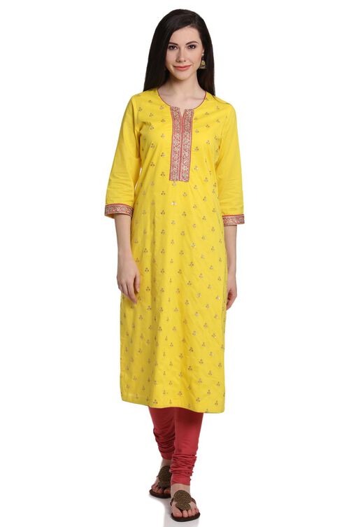 Yellow Cotton Straight Suit Set image number 5