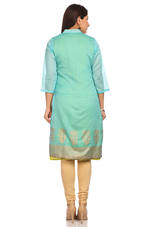 Turquoise Cotton Printed Kurta image number 3