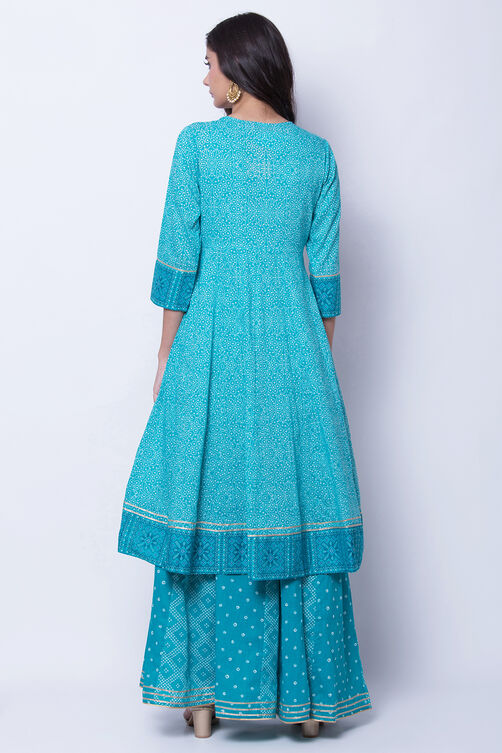 Turquoise Cotton Kalidar Kurta image number 6