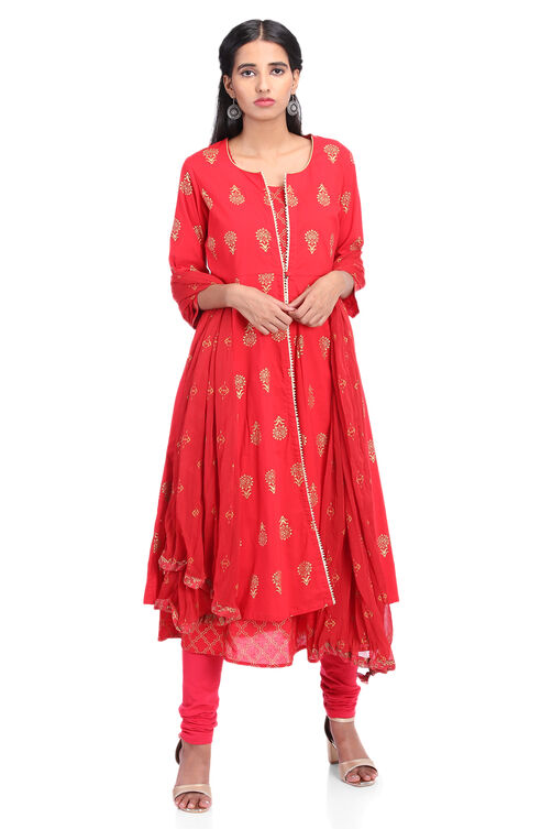 Red Front Open Cambric Cotton Kurta image number 0