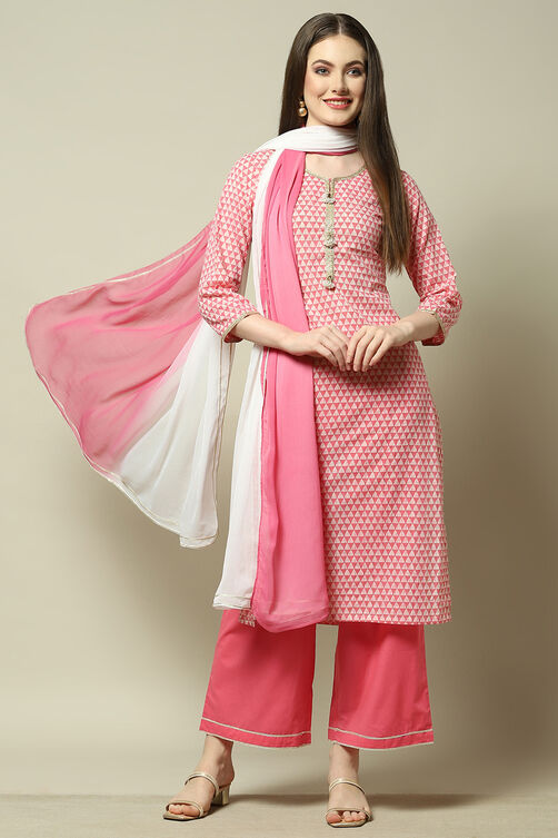 Pink Cotton Blend Printed Kurta & Palazzo Suit Set image number 0