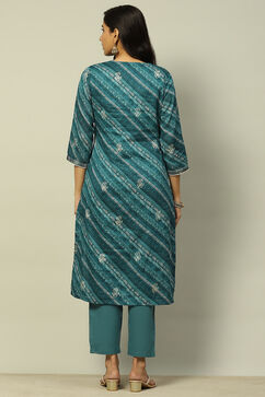 Teal Blue Cotton Straight Printed Kurta Pants Suit Set image number 4